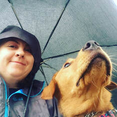 Dog sits under umbrella with trainer